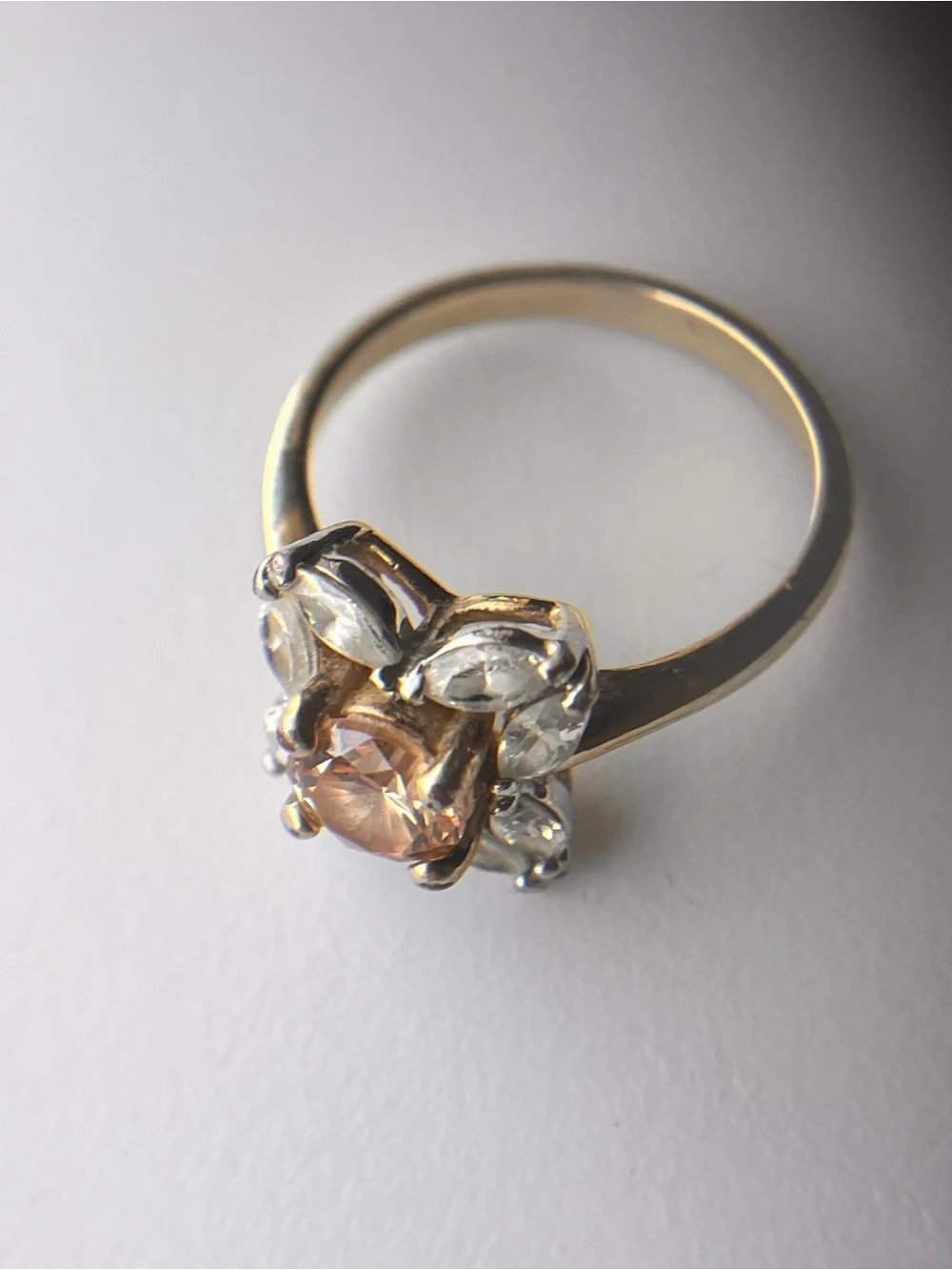 Vintage Gold Butterfly Ring with Peach Center Stone & Clear Accent Stones